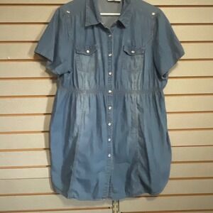Duo Maternity Blue Denim Shirt Dress XL Short Sleeve Snap Button Empire Waist